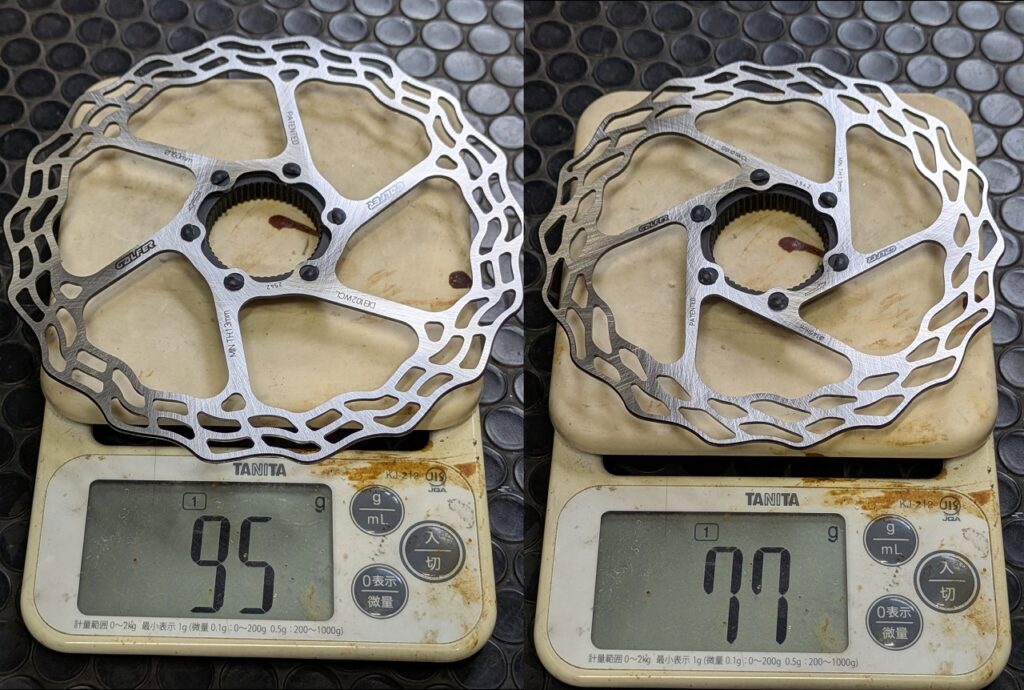 Galfer Disc Wave Rotorの実測重量。160mmが95g、140mmが77g。