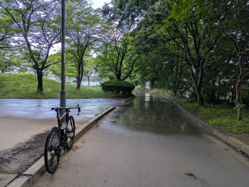 雨上がりで濡れた路面に停めたロードバイク